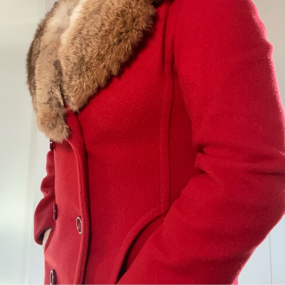 Vintage 50s 60s Red Wool Double Breasted Coat with Rabbit Fur Collar, xs / small - Picture 6 of 10